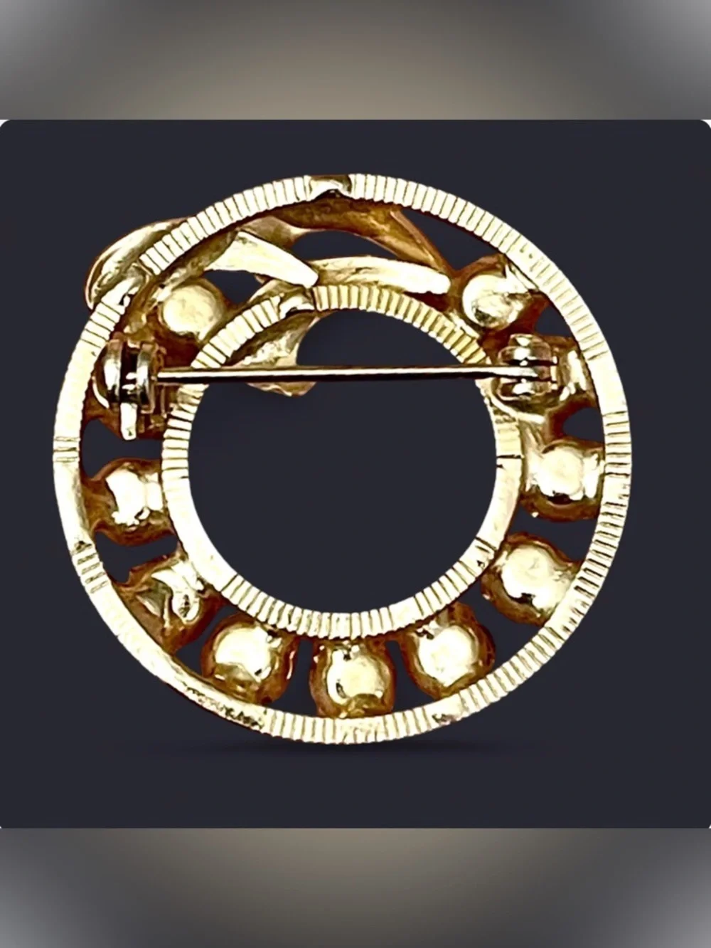 Vintage Gold Tone AB Rhinestone Wreath Circle Brooch Pin Multicolor Mid Century